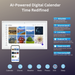 AI-powered digital calendar display with photo gallery and smartphone app, featuring 1920x1080 Full HD, 20-point touch, WiFi 6, Android 14, quad-core A53, 5MP camera, calendar, chores, weather, meals, photos, SOS, sleep icons TUTT