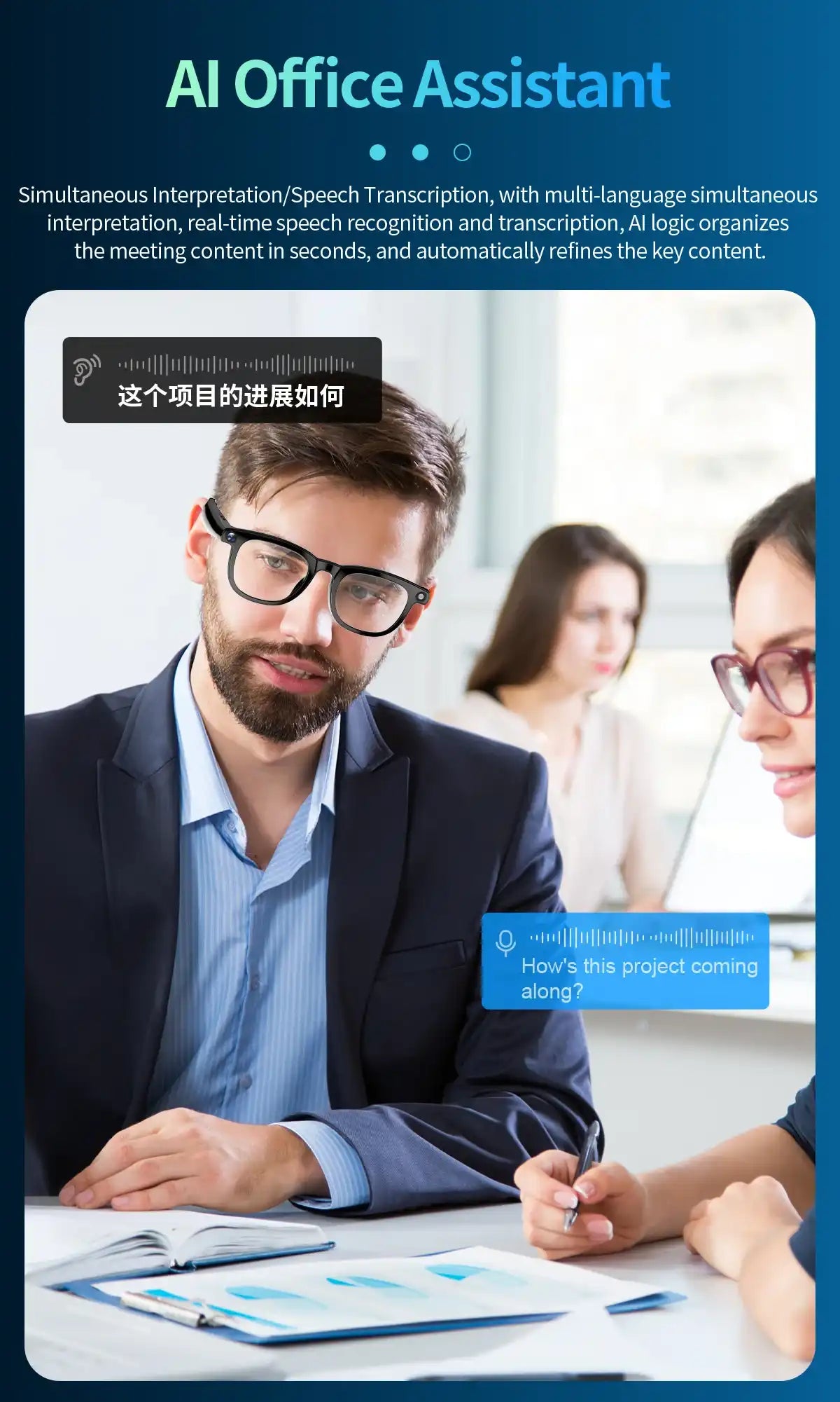 AI Office Assistant with text and interface elements on a blue background TUTT AI Smart Glasses Sunglasses, 8MP Camera, ChatGPT, Translation Dual Lenses Replaceable with Prescription