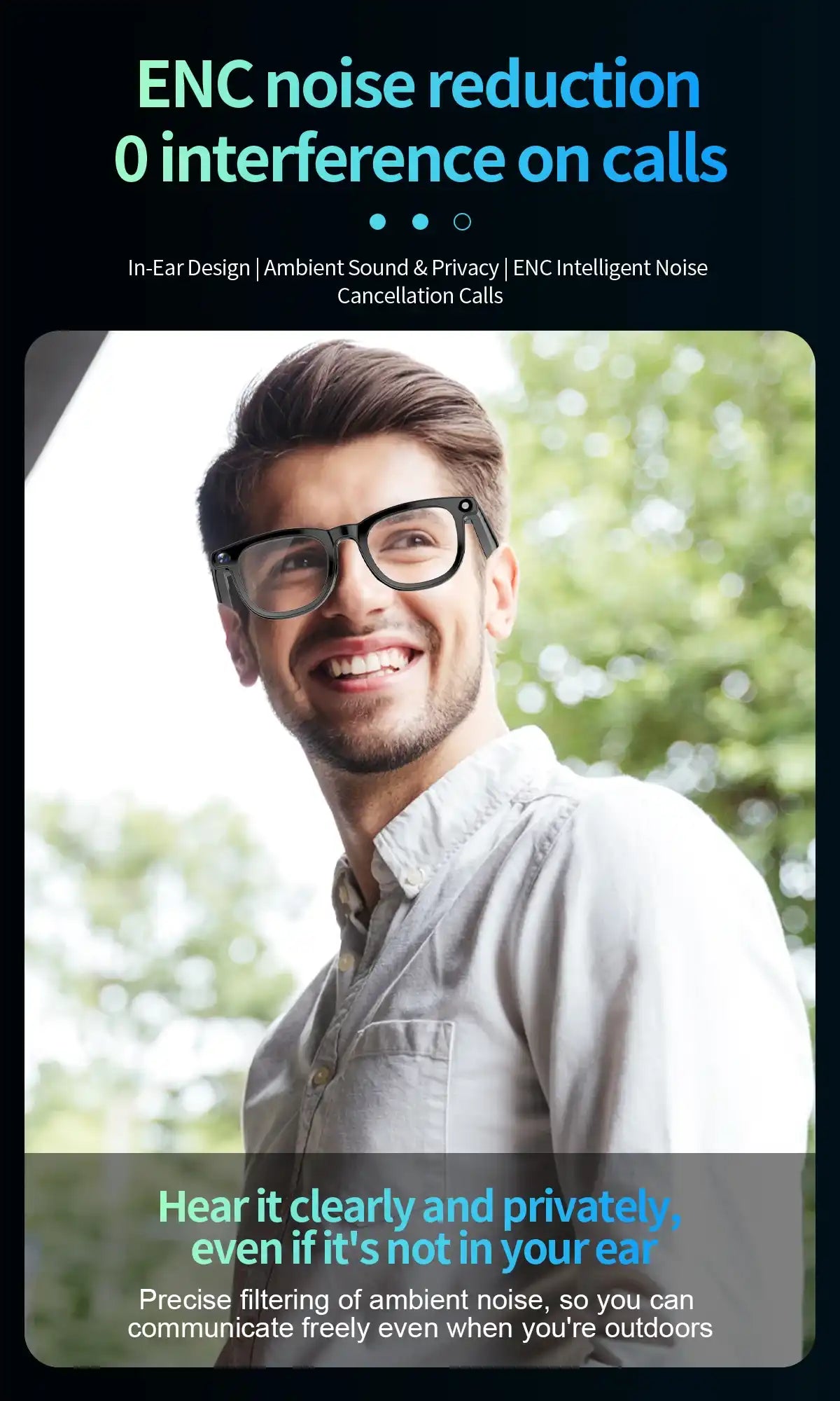 Man wearing glasses with text about ENC noise reduction and interference on calls TUTT AI Smart Glasses Sunglasses, 8MP Camera, ChatGPT, Translation Dual Lenses Replaceable with Prescription