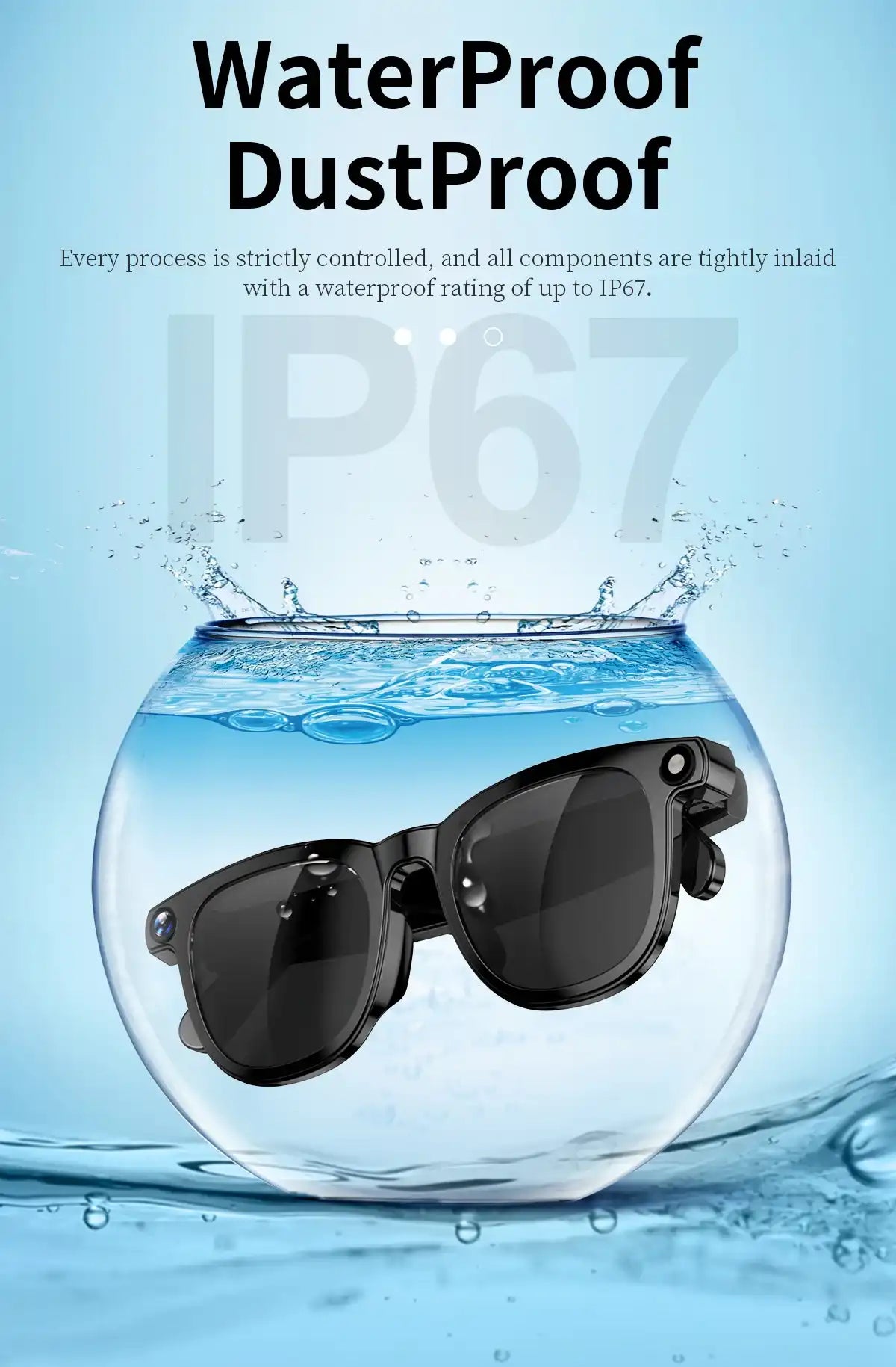 Sunglasses being submerged in water with 'WaterProof DustProof' text and IP67 rating on a blue background. TUTT AI Smart Glasses Sunglasses, 8MP Camera, ChatGPT, Translation Dual Lenses Replaceable with Prescription