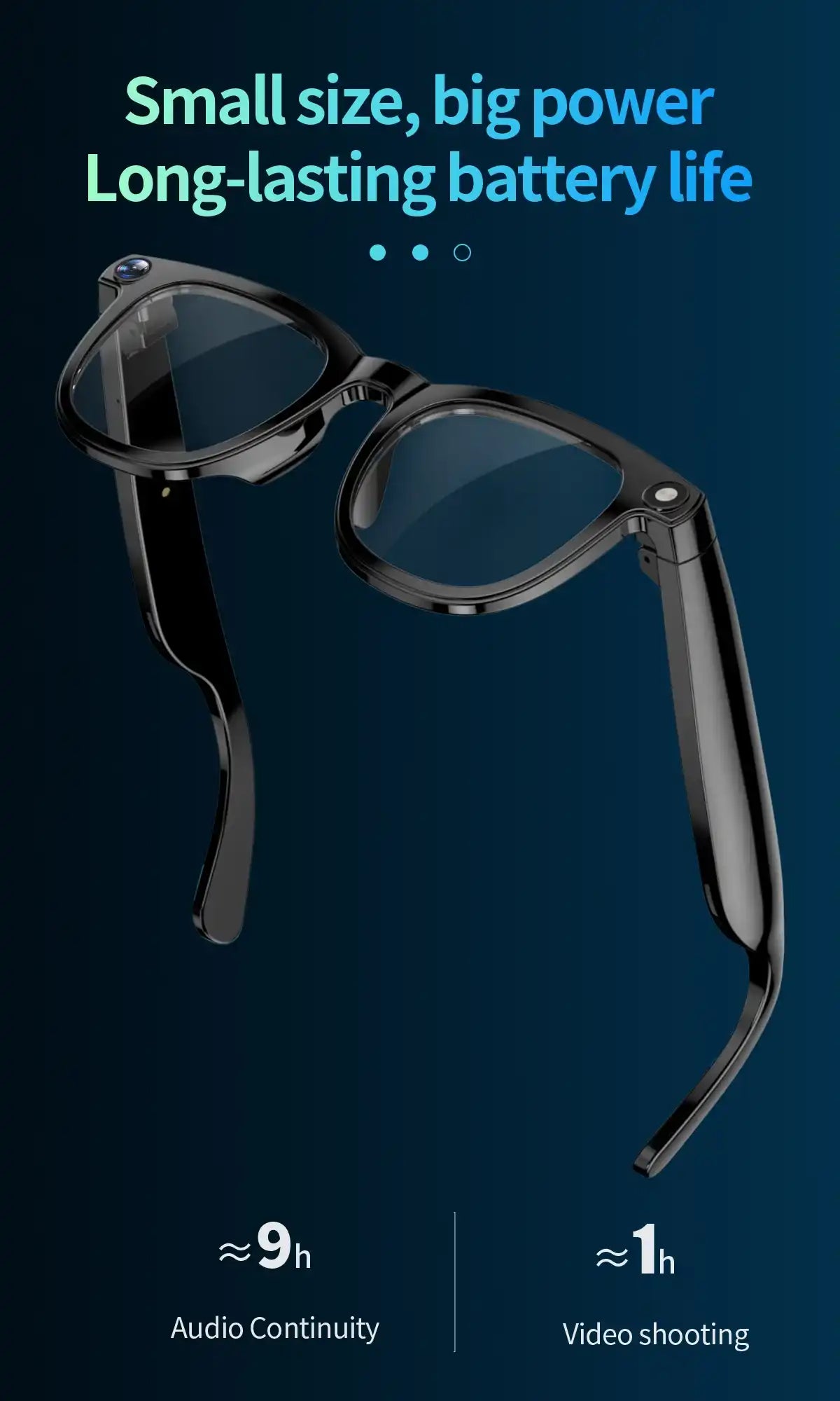 TUTT AI Smart Glasses Sunglasses, 8MP Camera, ChatGPT, Translation Dual Lenses Replaceable with Prescription Black eyeglasses with text about battery life on a dark blue background