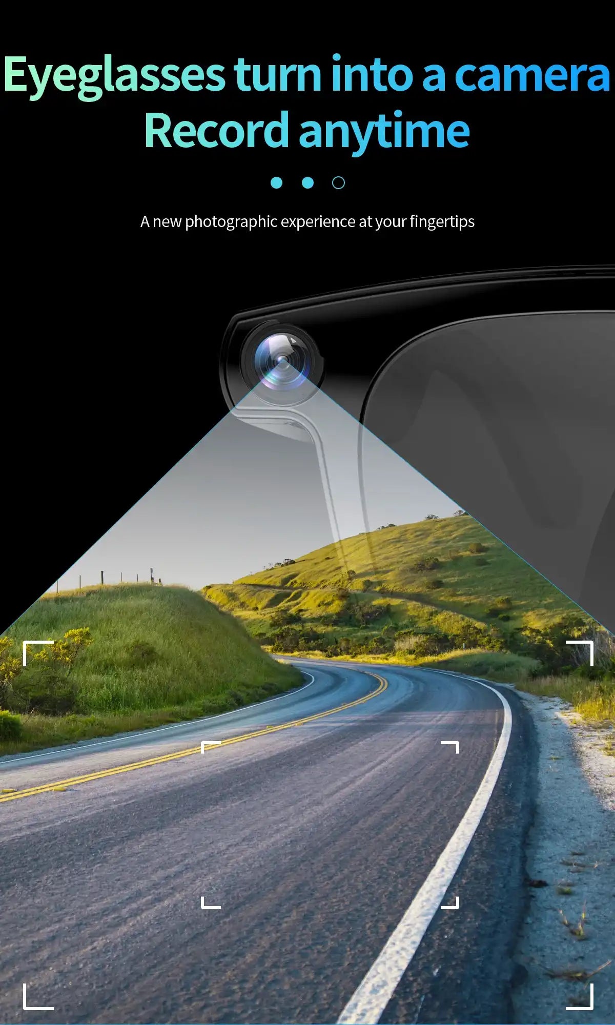 Eyeglasses transforming into a camera with a scenic road view. TUTT AI Smart Glasses Sunglasses, 8MP Camera, ChatGPT, Translation Dual Lenses Replaceable with Prescription