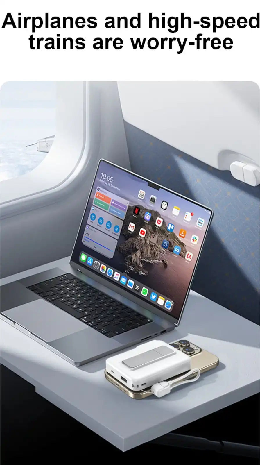 Modern laptop and smartphone on airplane tray table with white portable power bank and charging cable TUTT