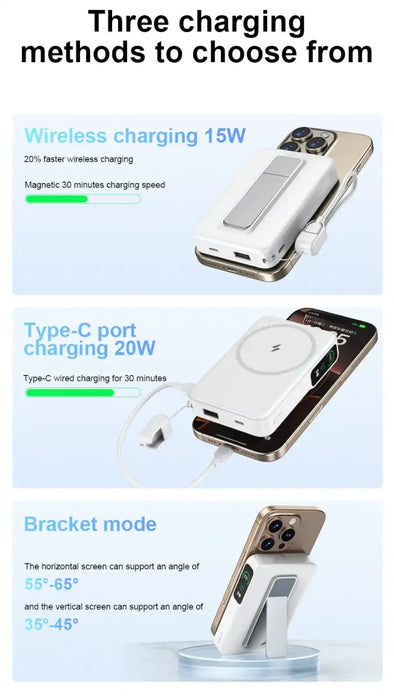 White portable power bank with wireless 15W, Type-C 20W charging, and adjustable bracket mode on gold smartphone TUTT