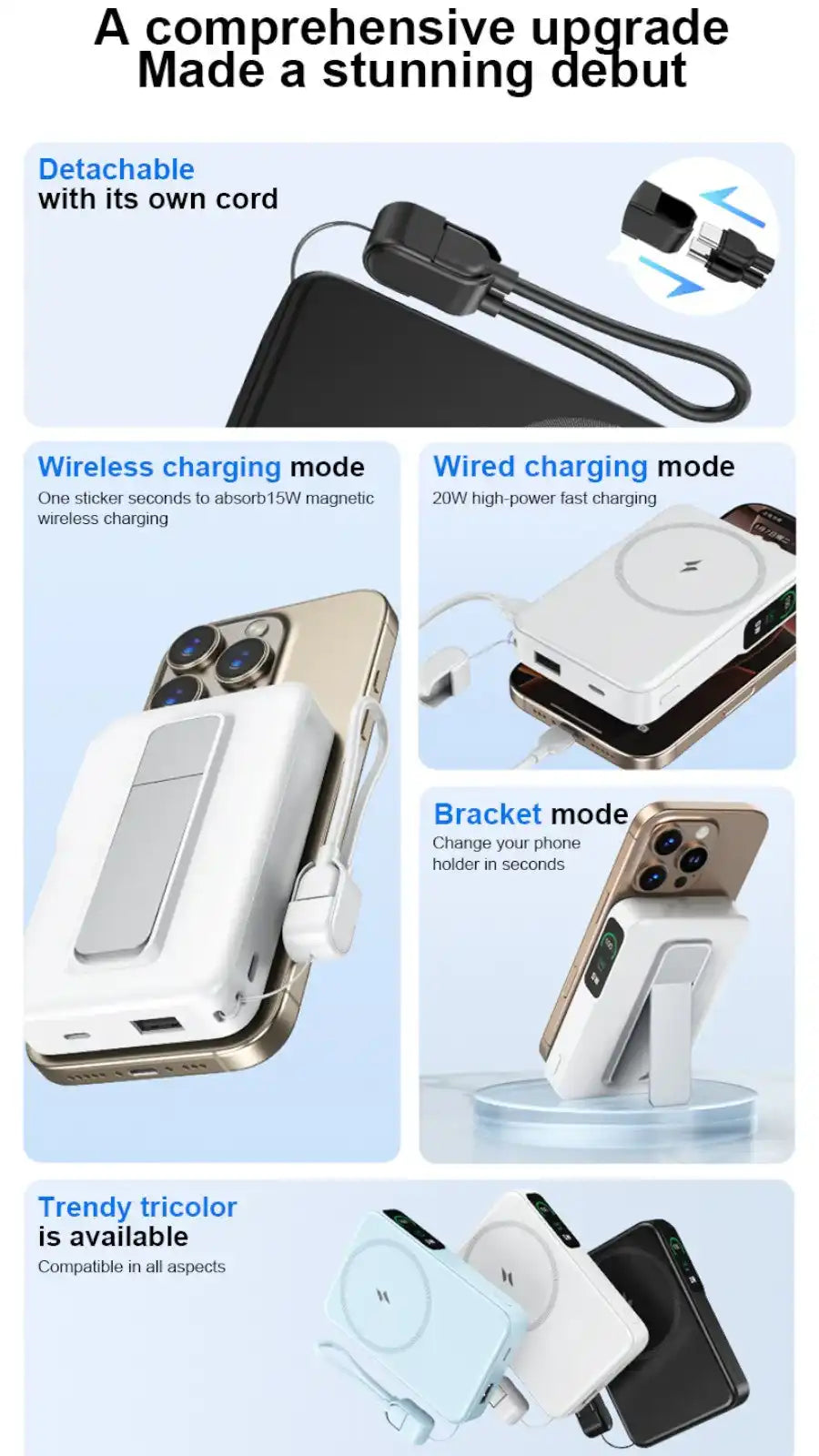 Compact wireless and wired charging power bank with detachable cord, bracket mode, and tricolor design TUTT