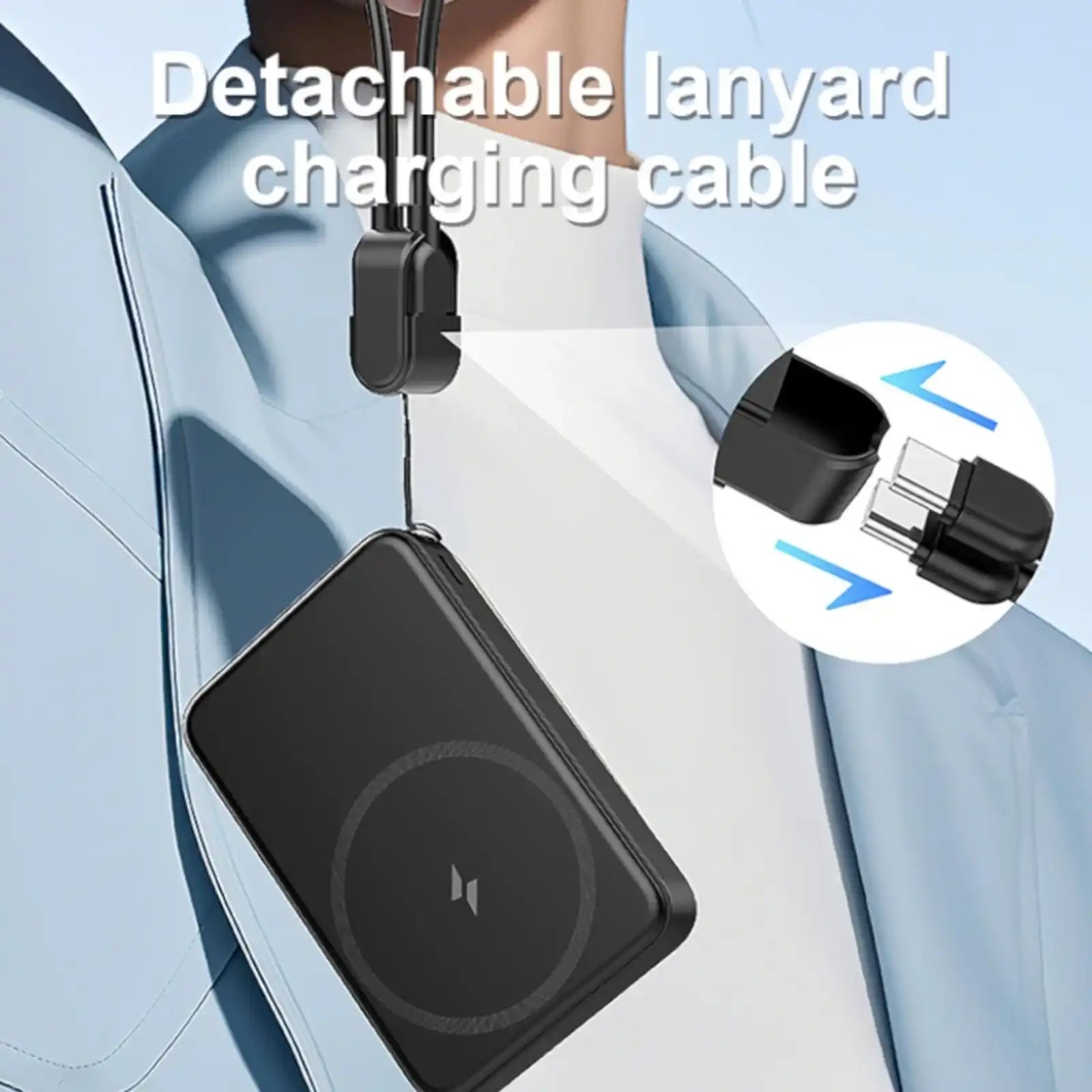 Black portable power bank attached to detachable lanyard charging cable worn around neck with light blue jacket and white shirt TUTT