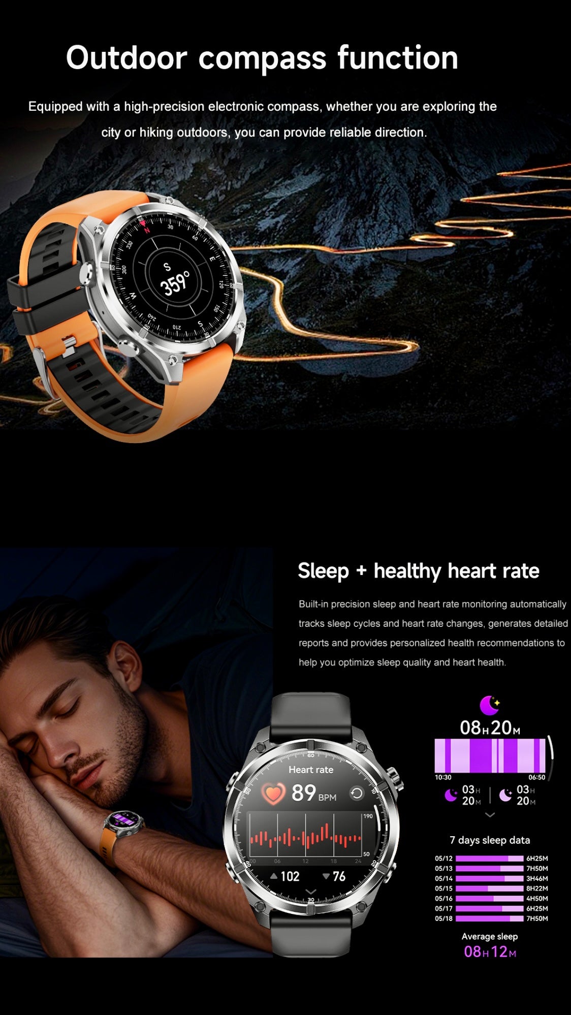 TUTT Tactical Smart Watch For Men | 1.43 Dial | Compass Flashlight Chat-GPT 3TAM Waterproof | Rugged Fitness and Health Tracker | H300 Smartwatch 400mAh Battery