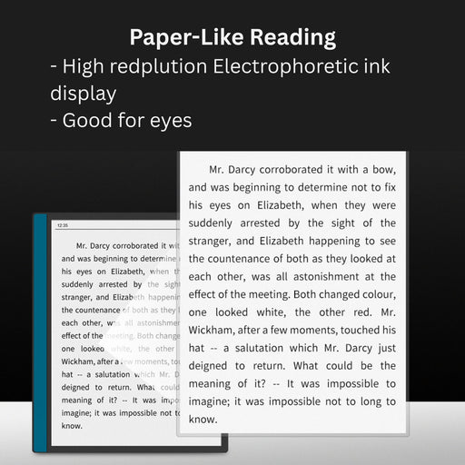Ereader preview highlighting paper-like high resolution electrophoretic ink display, showing text from a classic novel for eye-friendly reading TUTT