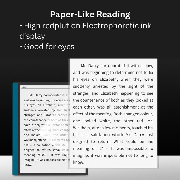 Ereader preview highlighting paper-like high resolution electrophoretic ink display, showing text from a classic novel for eye-friendly reading TUTT