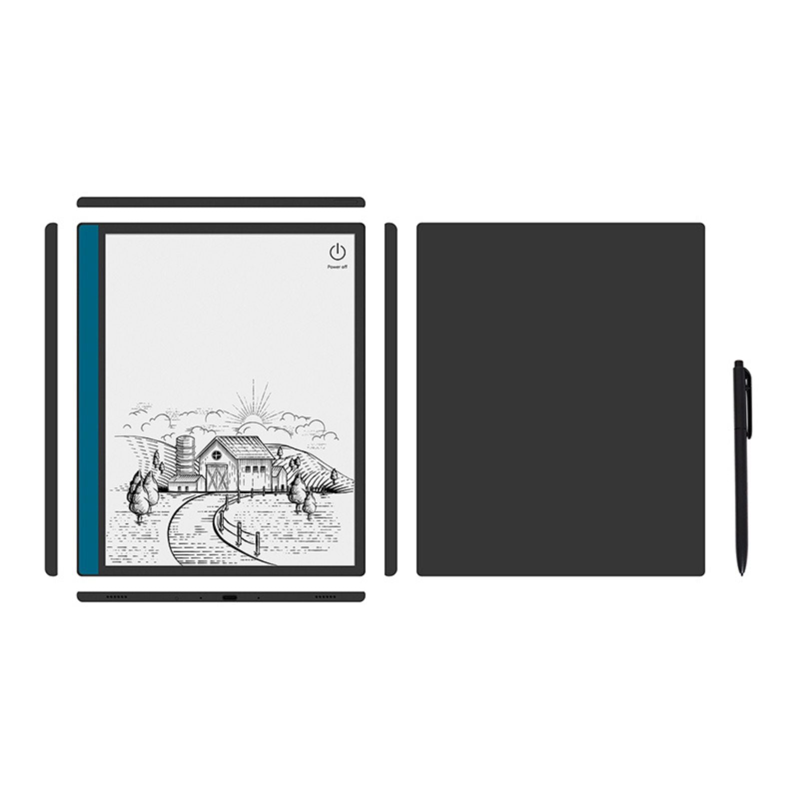 E-reader device with farm scene illustration on screen, black folio case, and black stylus pen TUTT