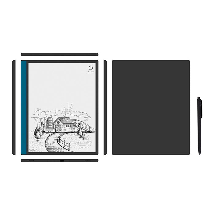 E-reader device with farm scene illustration on screen, black folio case, and black stylus pen TUTT