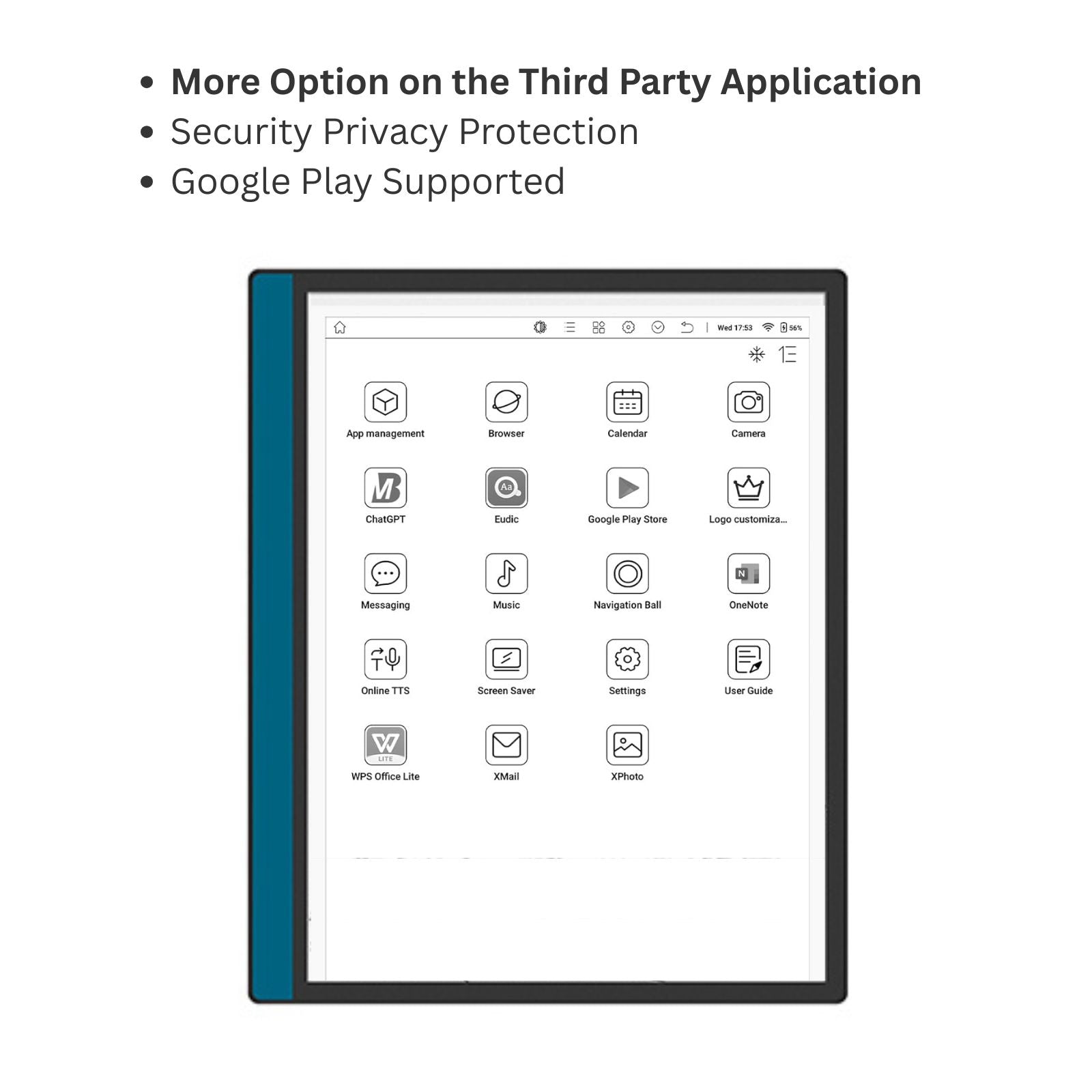 E-reader device screen showing app icons including ChatGPT, Google Play Store, Browser, Calendar, and Camera with blue side panel TUTT
