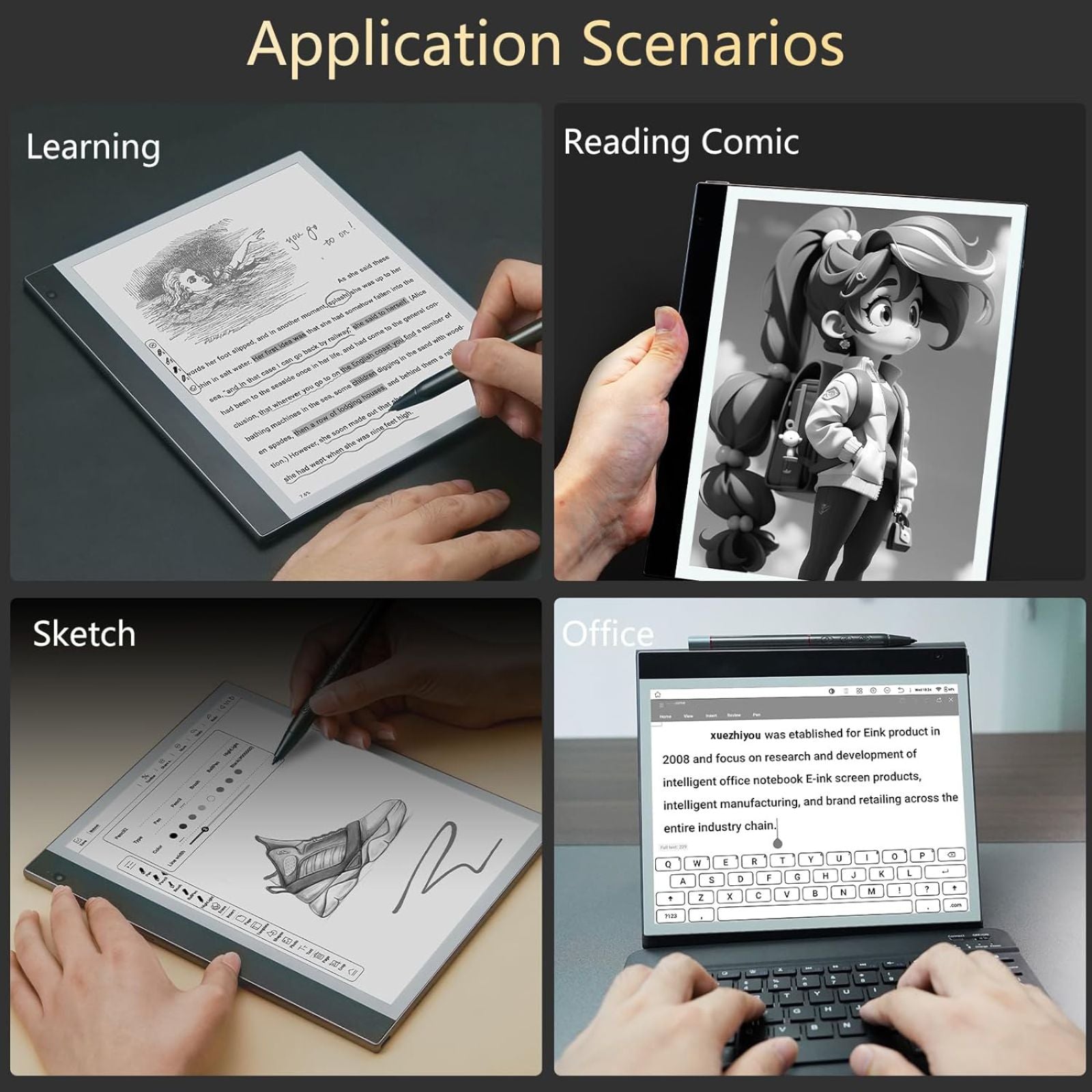 Collage showing e-reader tablet for learning, reading comics, sketching, and office work with stylus and keyboard TUTT