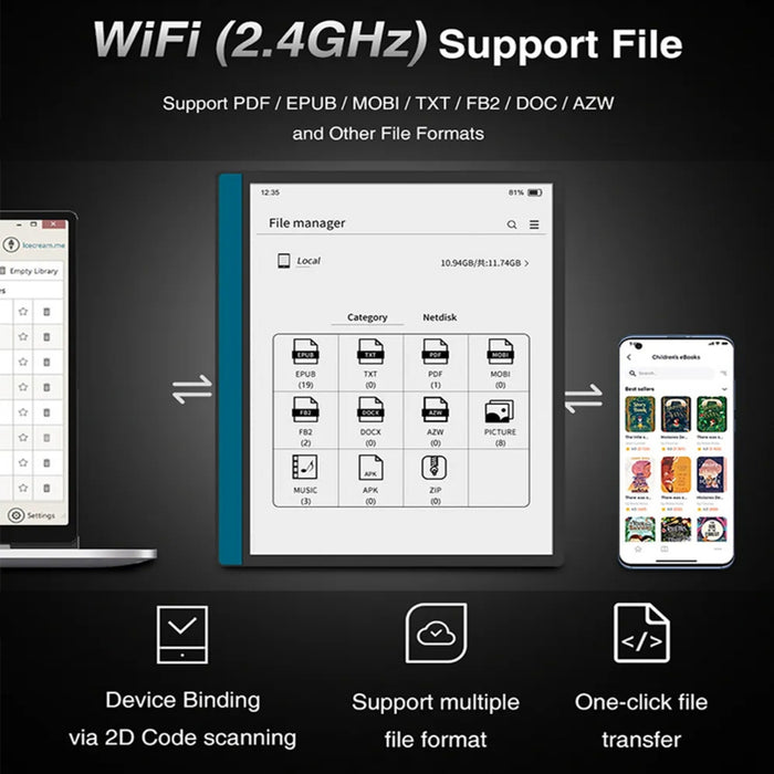 E-reader file manager showing support for PDF, EPUB, MOBI, TXT files with WiFi 2.4GHz transfer and device binding TUTT