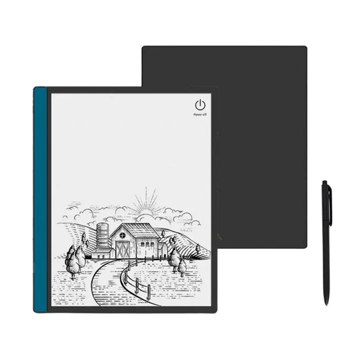 Digital e-reader with black and white barn illustration on screen, black cover and stylus pen, power off icon TUTT