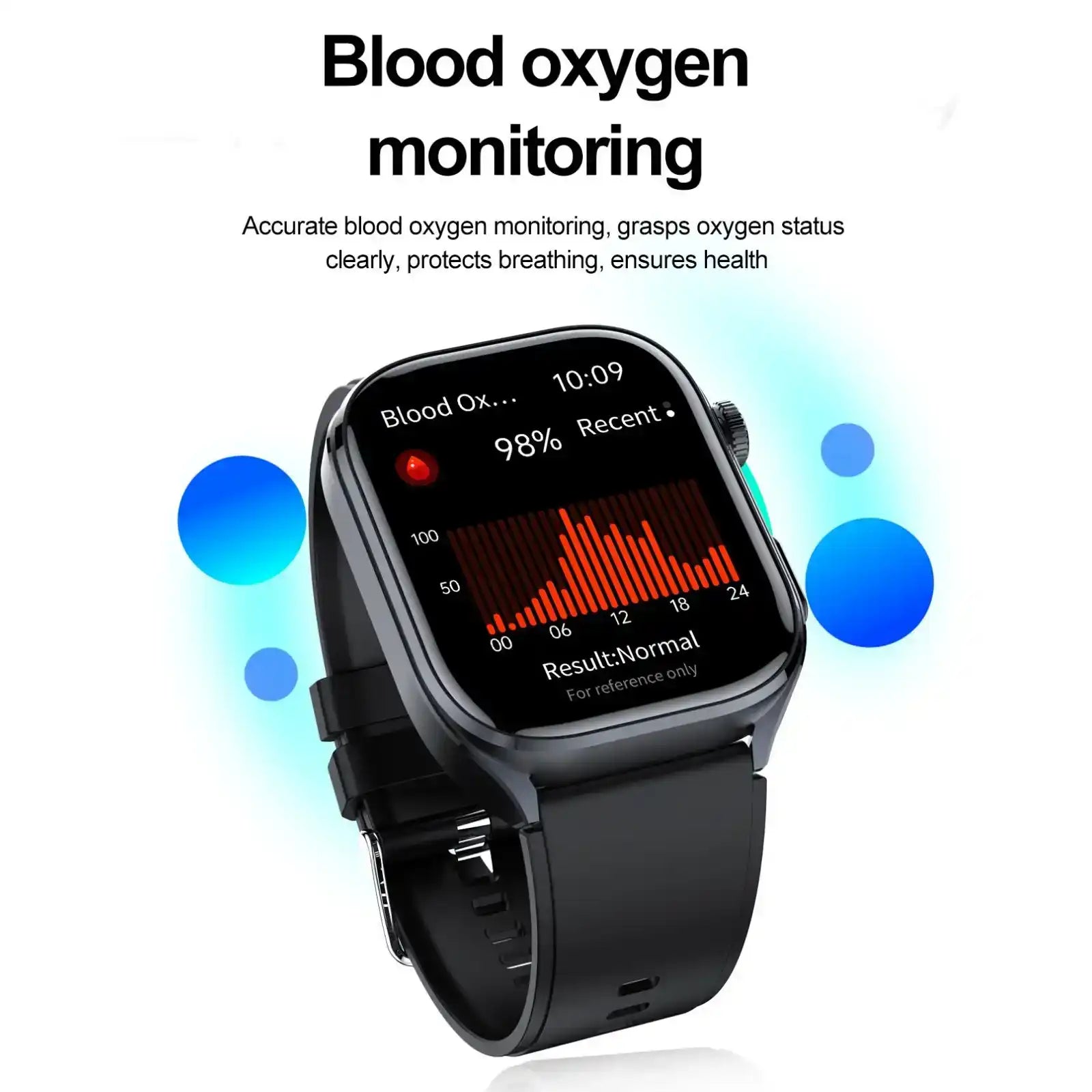 ECG smartwatch with blood oxygen monitoring display and black band, health tracker TUTT