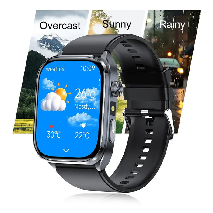Smartwatch with weather display showing temperature, overcast, sunny, and rainy backgrounds TUTT