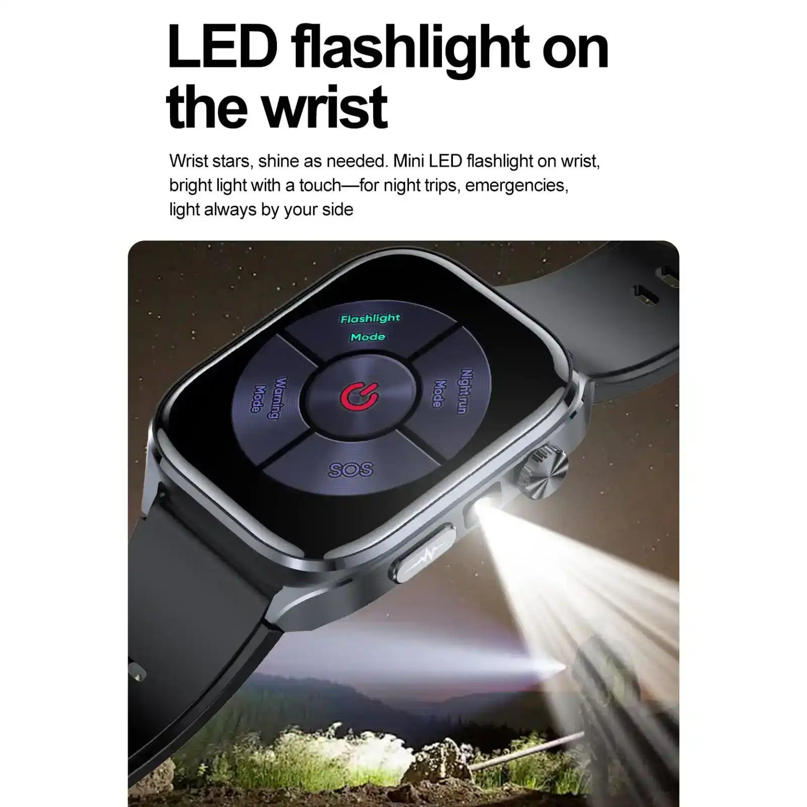 Black smartwatch with LED flashlight feature on wrist, showing night mode and SOS options, outdoors. TUTT