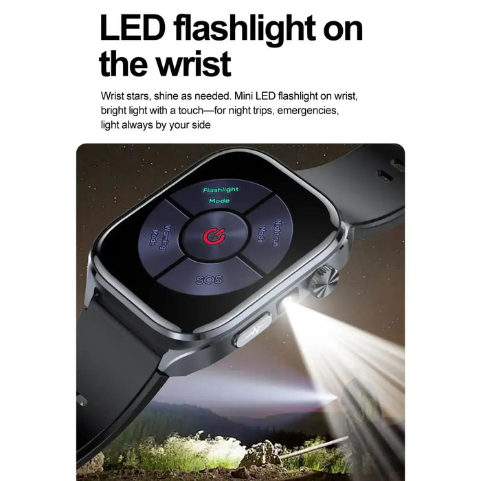 ECG smartwatch with LED flashlight feature illuminating outdoors, night mode interface visible, TUTT