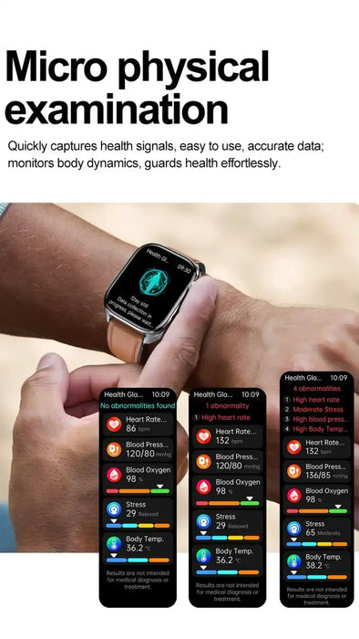 Person using TUTT E7 ECG smartwatch for health monitoring, showing heart rate and body stats, TUTT