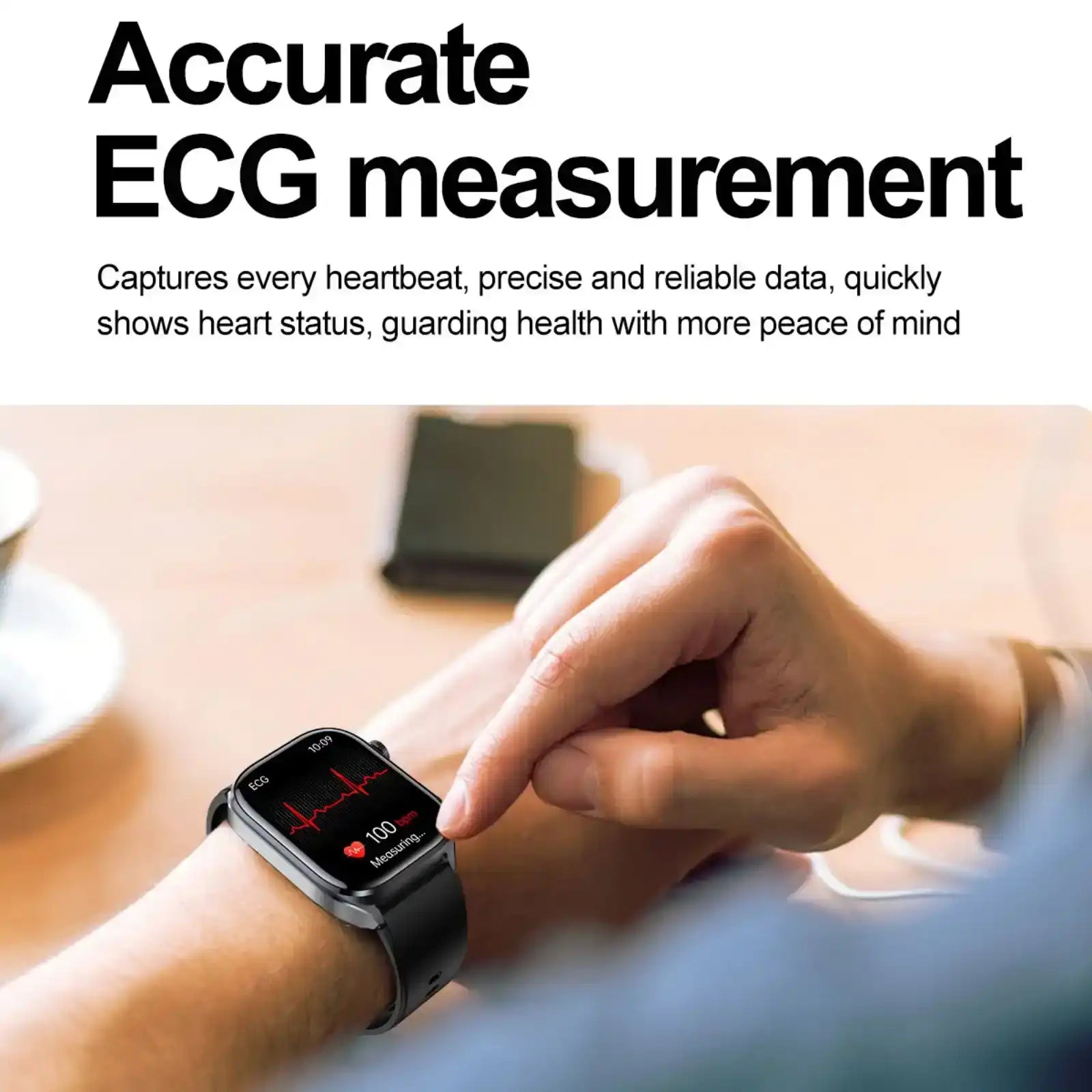 Person using an ECG smartwatch with heart rate on display, health monitoring device TUTT
