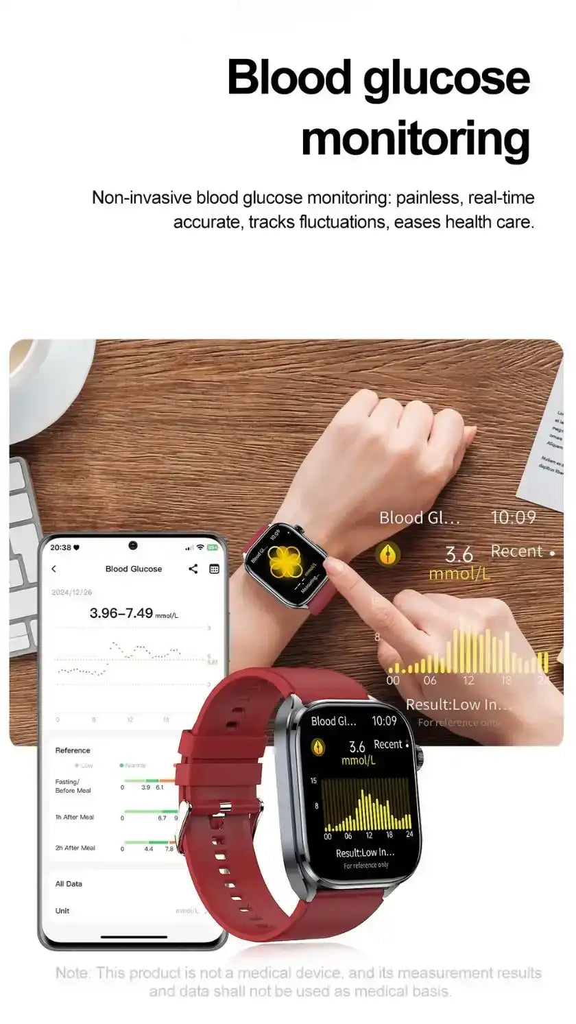 ECG smartwatch on wrist showing blood glucose monitoring, mobile app interface, red strap, TUTT