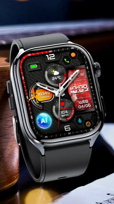 Black ECG smartwatch with colorful touchscreen, step counter, weather, AI icon, and heart rate display, shown on wooden surface. TUTT