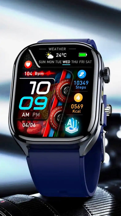 Smartwatch with blue strap displaying heart rate, steps, calories, weather, and digital clock TUTT