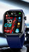 Smartwatch with blue strap displaying heart rate, steps, calories, weather, and digital clock TUTT
