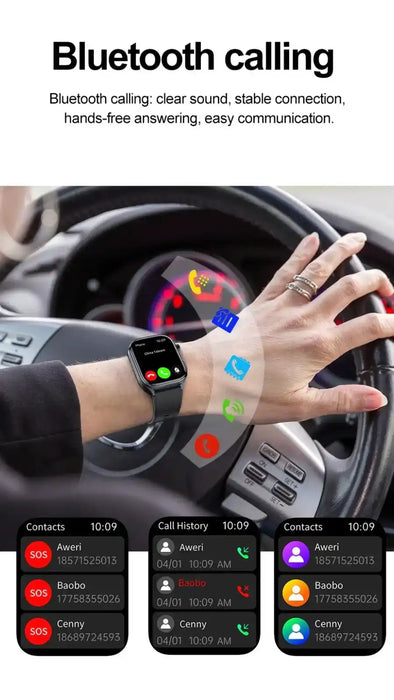 Person wearing smart ECG smartwatch using Bluetooth calling feature while driving, contact list and call history visible, TUTT