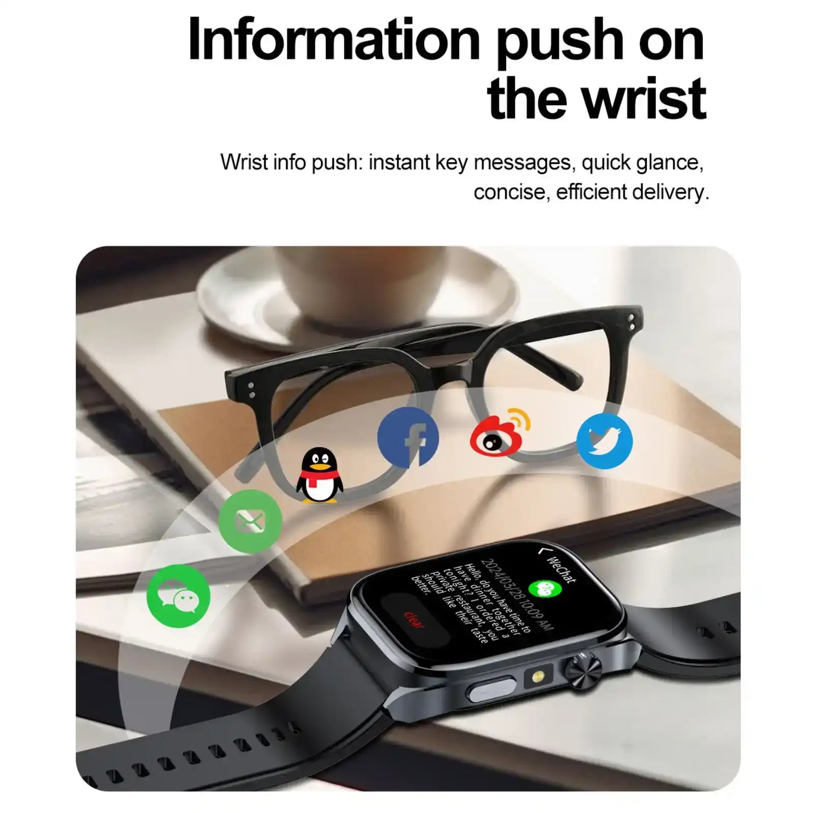 ECG smartwatch displaying notifications next to black glasses and social media icons on desk TUTT