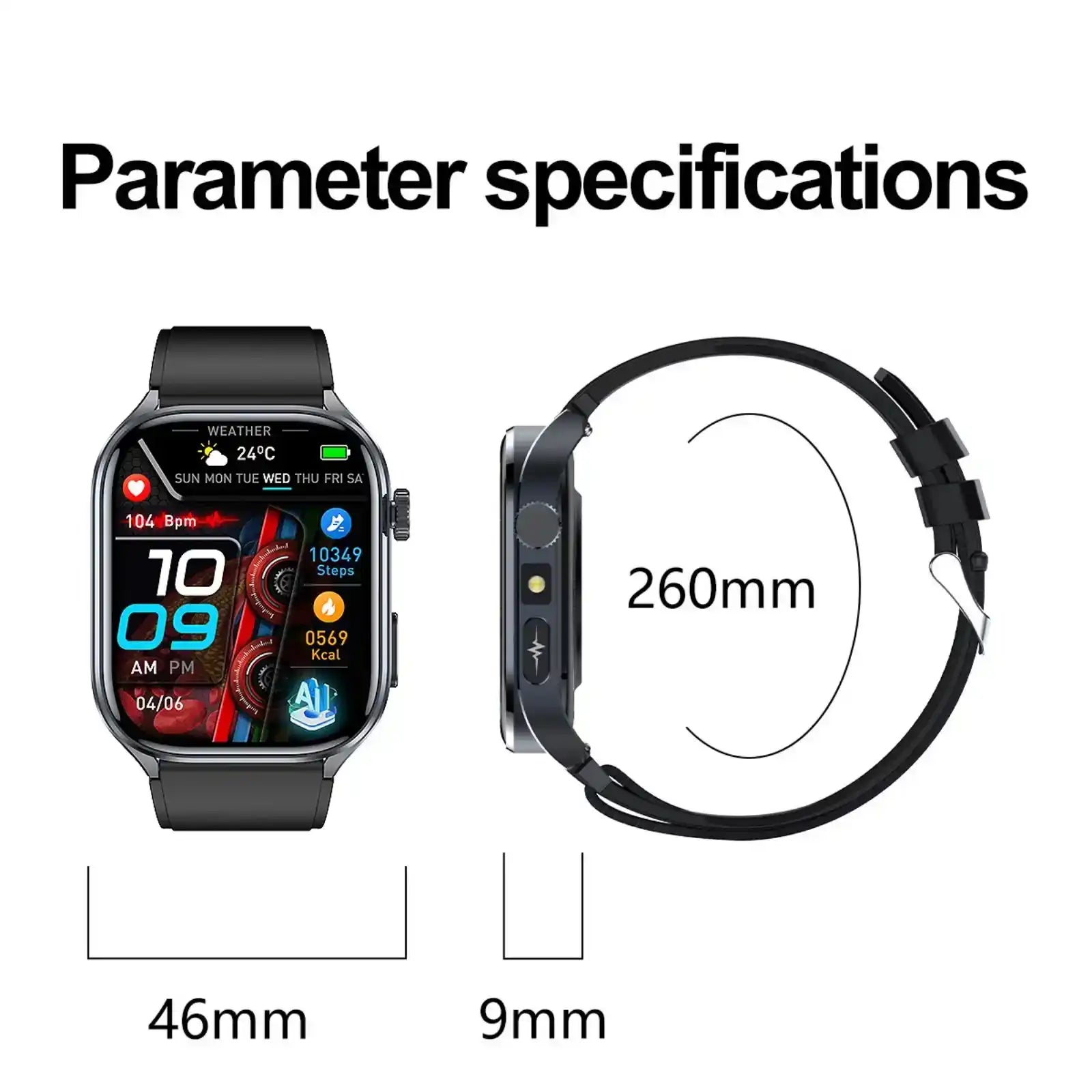 Black ECG smartwatch with health stats display, parameter specifications 46mm x 9mm x 260mm TUTT