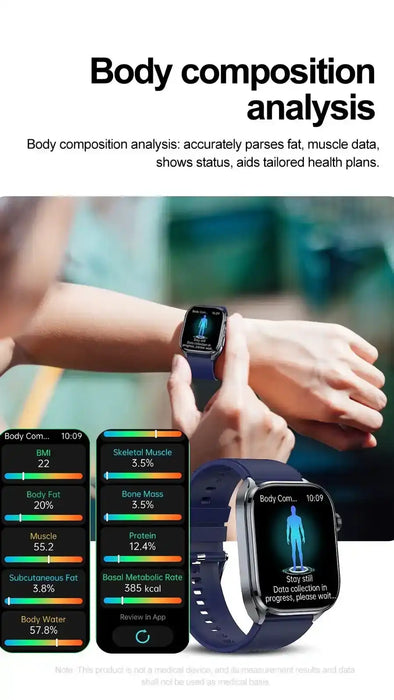 ECG smart watch displaying body composition analysis on wrist, fitness tracking features visible, TUTT