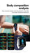 ECG smart watch displaying body composition analysis on wrist, fitness tracking features visible, TUTT