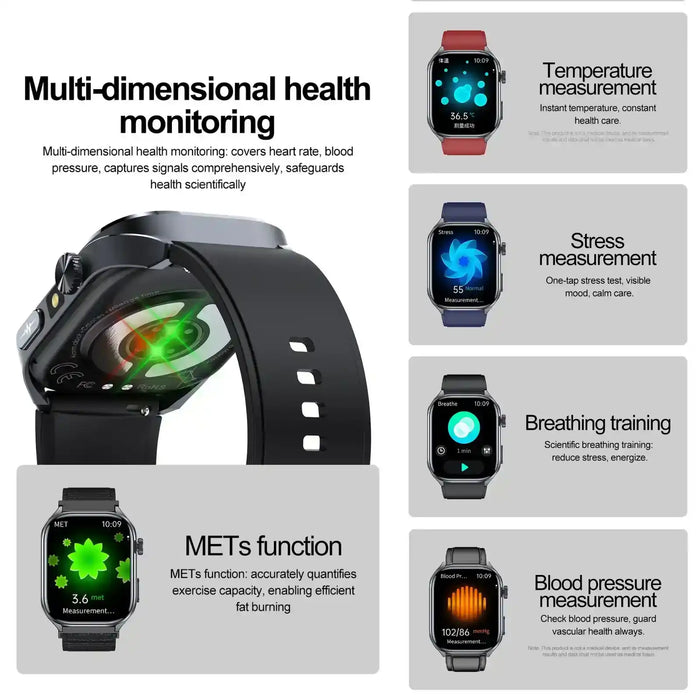 TUTT E7 ECG smartwatch displays health monitoring features like temperature, stress, breathing, METs, and blood pressure measurement, with multiple interface screens. TUTT