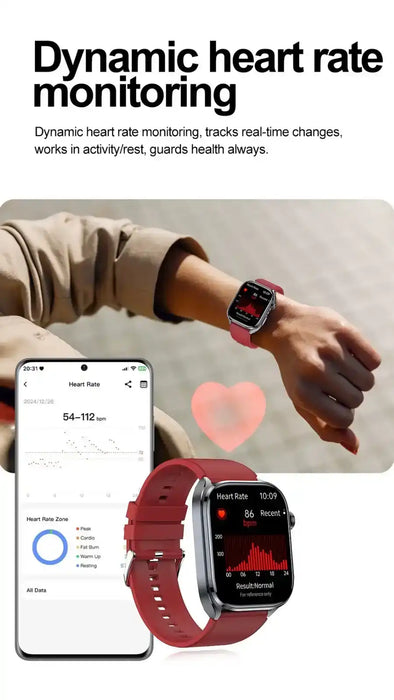 Red ECG smartwatch on wrist displaying heart rate, with phone heart rate data screen, TUTT
