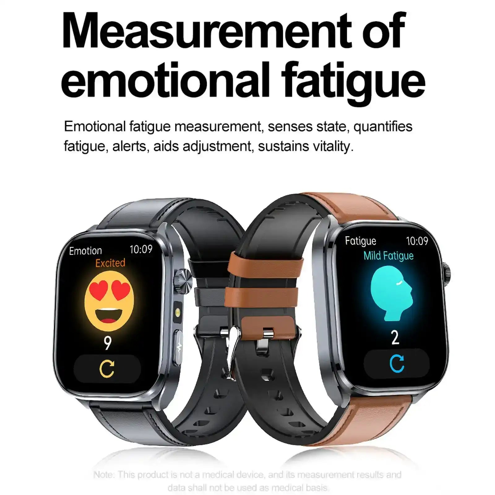 Two ECG smartwatches display emotion and fatigue measurement screens with silicone bands, TUTT