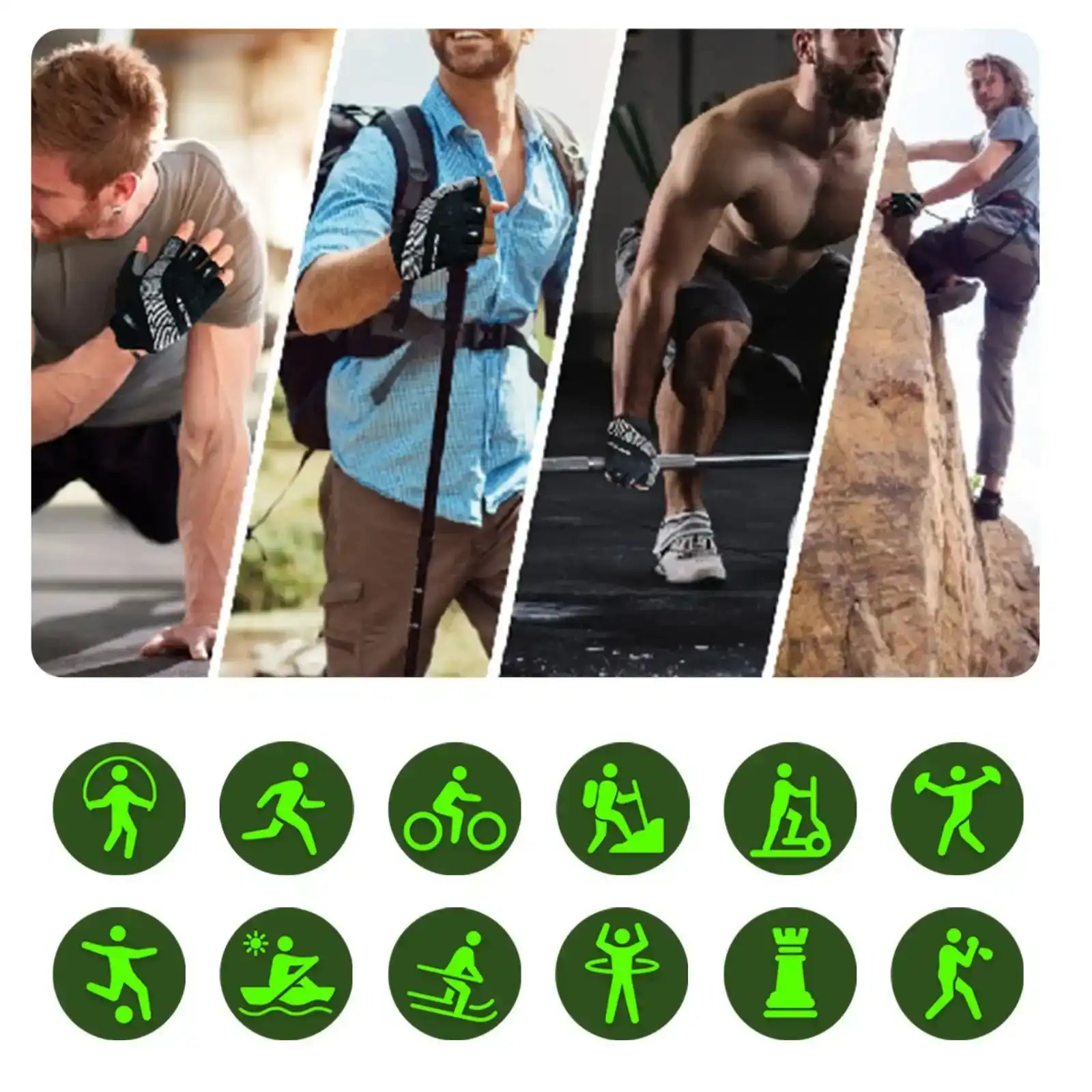 Men performing outdoor fitness, hiking, weightlifting, rock climbing, with green sports icons, TUTT