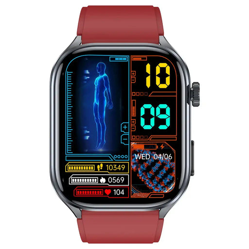 ECG smartwatch with red band, digital display showing health stats and hologram interface, TUTT