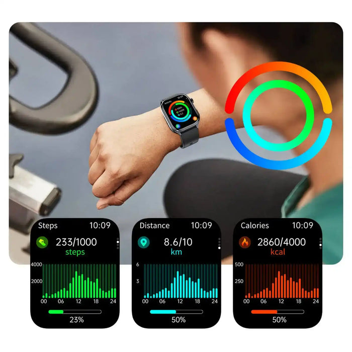 Person checking TUTT E7 ECG smartwatch activity stats including steps, distance, calories TUTT