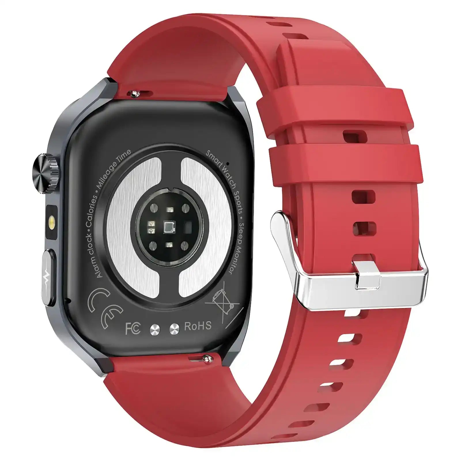 Back view of ECG smartwatch with red silicone strap, heart rate sensors, and metal buckle TUTT