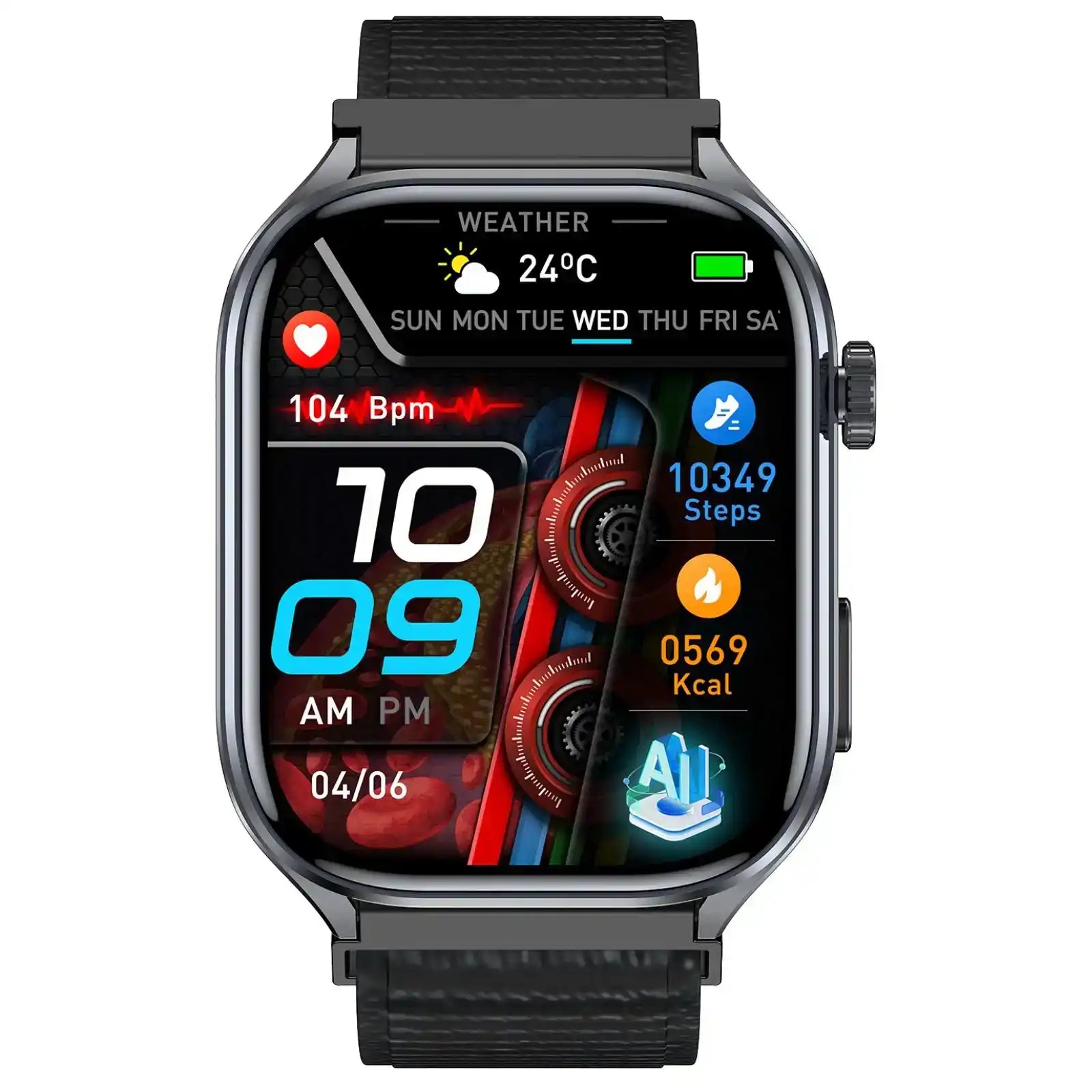 ECG smartwatch with heart rate, steps, calories, weather display and AI icon, black strap TUTT
