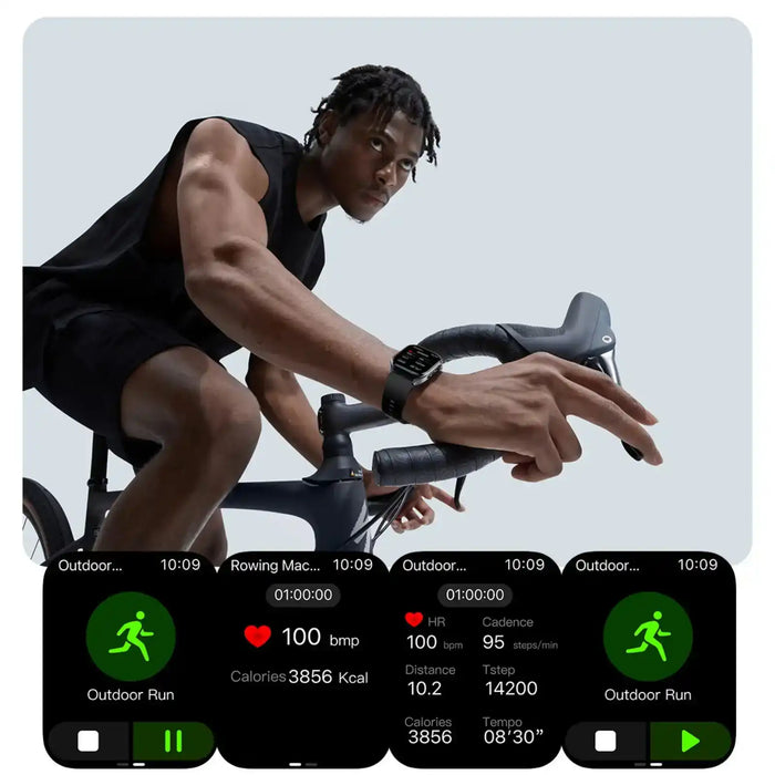 Man cycling indoors wearing black ECG smartwatch with fitness tracking screens, TUTT