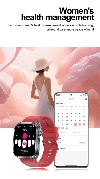 Women's health smartwatch with red band showing cycle tracking, paired with smartphone, TUTT