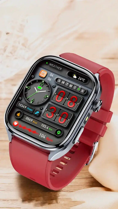 Modern smartwatch with red band, health and fitness tracking display on wooden surface, TUTT