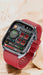 Modern smartwatch with red band, health and fitness tracking display on wooden surface, TUTT
