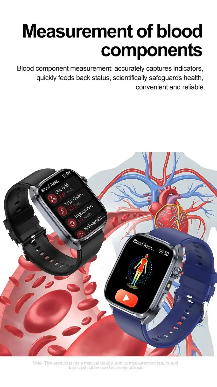 ECG smartwatch measuring blood components with health data display, anatomical heart in background, TUTT