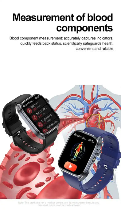 ECG smartwatch with blood component measurement display, medical illustration background, TUTT