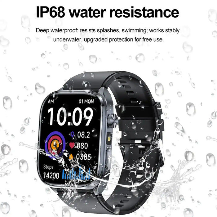 Black ECG smartwatch with colorful display and water splashes, highlighting IP68 water resistance TUTT