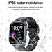 Black ECG smartwatch with colorful display and water splashes, highlighting IP68 water resistance TUTT